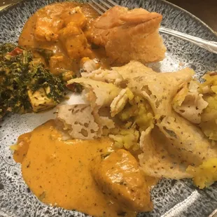 My spread - palak paneer, paneer dish, samosa, rava  masala dosa, malai kofta