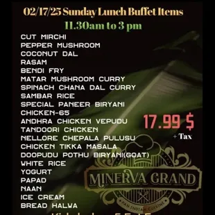 Minerva Sunday lunch Menu - changes every weekend