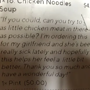 a receipt for a chicken noodle soup