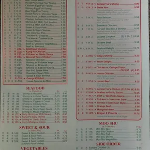 the menu of the restaurant