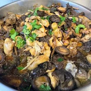 Steamed chicken with black mushroom, ear fungus and lily buds (free range chicken purchased here)