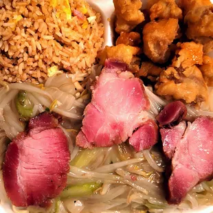 rice, meat, and vegetables