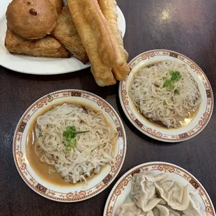 Peanut butter noodles, dumplings, fried dough, fried taro cake, oyster cake