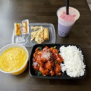Sesame Chicken lunch special included egg drop soup and one spring roll.  Taro bubble tea purchased separately. (3.7.24)