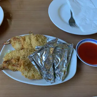 Fried prawn and foiled chicken