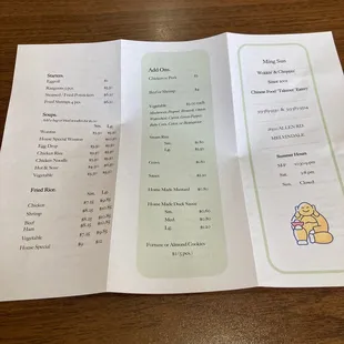 menu and prices