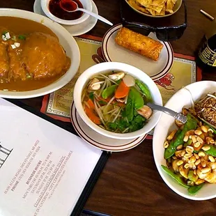 Chicken Egg Foo Young, Eggroll, Chinese Veggies Soup  n Kong Pow POW Shrimp  Delicious