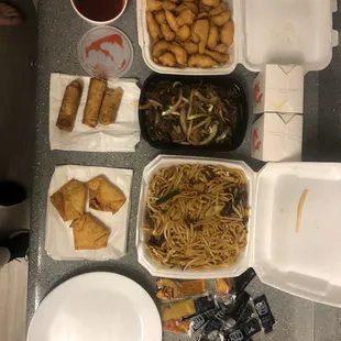 Sweet and sour chicken, beef Mongolian, combination lo mein and cream cheese wontons.