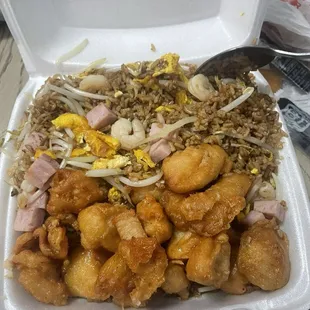 Honey chicken and shrimp and ham fried rice