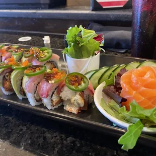 Jalamachi Roll and Salmon Sashimi. Presentation on point!