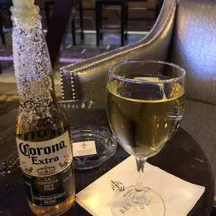 Corona and a glass of Chardonnay