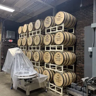barrels stacked on shelves