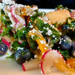 Most creative (&amp; delish) appetizer ever! (Melon, berries, kale, radish, peppers, sunflower seeds, goat cheese, &amp; vinaigrette)