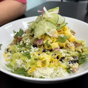 Pulled pork rice bowl with mango pico de gallo