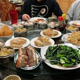 Dim Sum: Crispy Roast pork, Har Gow, shumai, house fried rice, fried shrimp balls, pork dumplings, taro pudding, etc