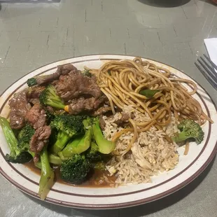 Beef and Broccoli, Egg Fried Rice and Vegetable Chow Mein