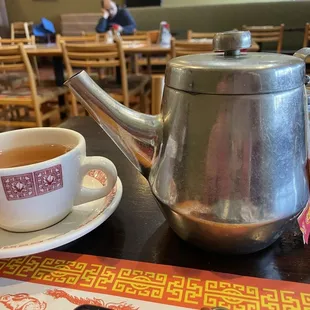 Class pot of tea and cup n saucer. Civilized.