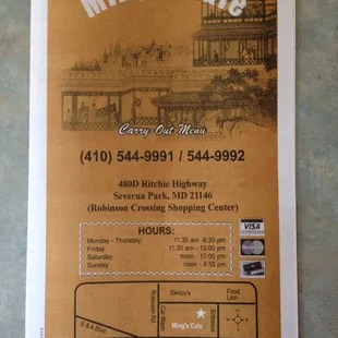 Photo of take out menu - only take out for now at Ming&apos;s