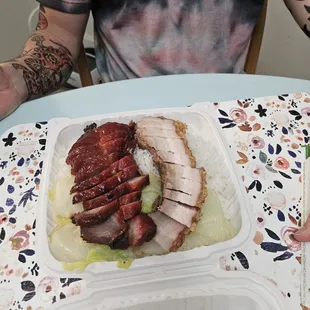 Char siu and roast pork rice plate