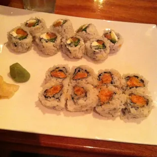 Spicy salmon roll and Philly roll (added jalepeno)