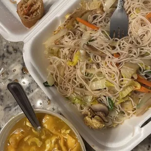 Egg Drop Soup, Vegetable Pancit, Egg Roll