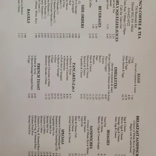 Menu with new prices