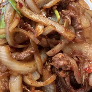 a plate of beef and onions