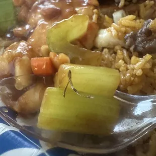 House fried rice, king pao chicken, beef broccoli. Found the metal shard in my kung pao chicken