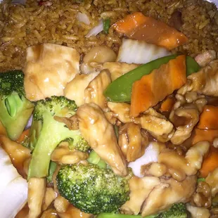 Chicken with mixed vegetables pork fried rice and egg roll off the lunch menu