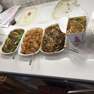Sweet and sour pork, Beef &amp; Garlic Sauce, Bang bang chicken, moo shu pork, pork lo mein.