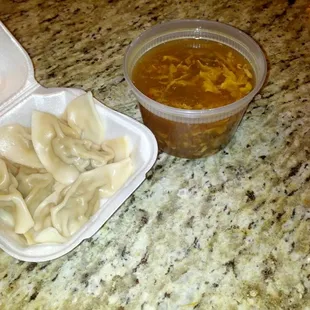 Steamed pot stickers and hot and sour soup