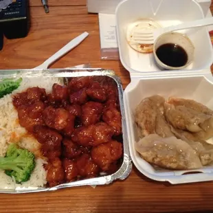 General Tso's chicken and fried dumplings= $10