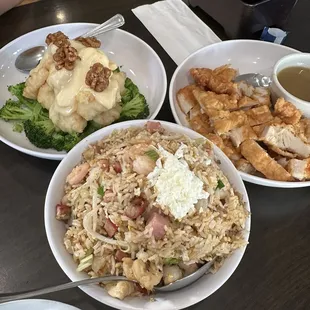 Honey Walnut shrimp, combination Fried Rice, Mandarin Chicken.