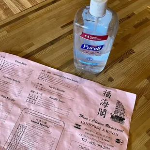 Menu for to go ordering &amp; hand sanitizer