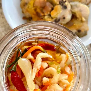 Pickled daikon &amp; carrots in fish sauce aka dua món - this was home made as a gift for Lunar New Year. Banh tét was from here.