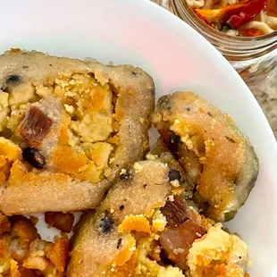 Sticky rice with mung bean, pork belly, and black beans