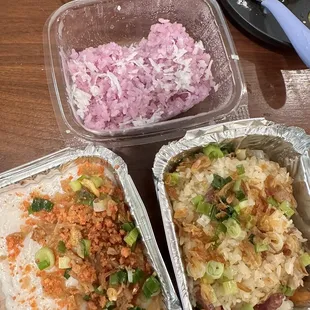 Xôi lá cẩm, bánh đúc, and xôi mặn | sweet sticky  rice, and ice cake with shrimp, and savory sticky rice | available on weekends!