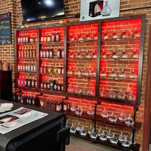 a bar with red lights