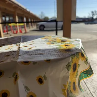 Table outside with sunshine in the morning.