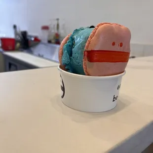 Strawberry macaroon with mini Monster ice cream