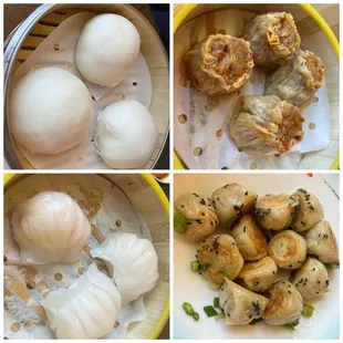 Custard buns, prawn dumplings, spicy siu mai and mini potstickers.