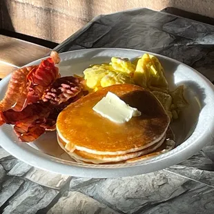 Breakfast of the Champions! Bacon, egg and pancakes! Soooo filling!