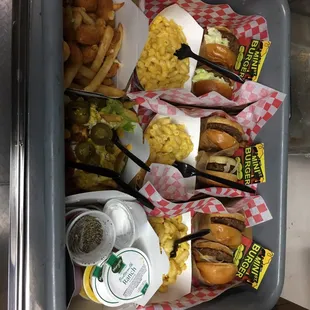 Spicy Cheese curds and fries, interstate 5 and 3 burger combos with Mac and cheese as side