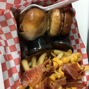 Hamburgers (plain) and bacon cheese fries