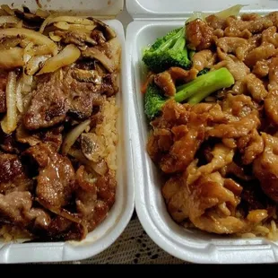 Teriyaki beef (left) &amp; teriyaki chicken (right). It was cooked to order. I saw how the cook did it. Get the teriyaki beef.