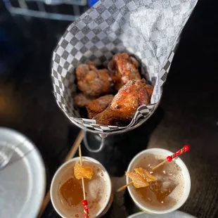 Chicken wings and drinks