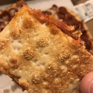 a hand holding a piece of pizza