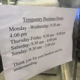 Updated hours of business