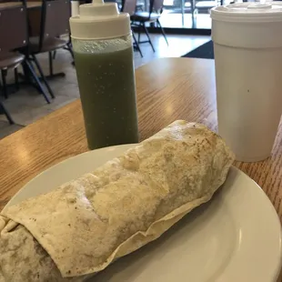 Chicken, beans, cheese, and horchata to drink.
