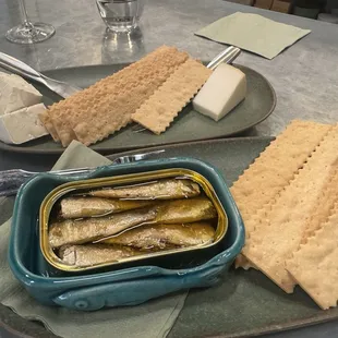 Cheese plate and tin fish to go with our wine tasting